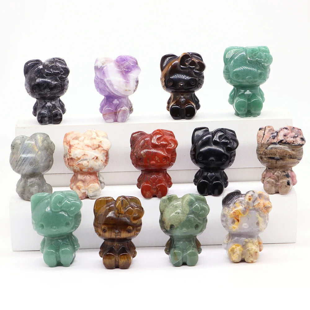 10x Hand-Carved Crystal “Hello Kitty” – 36×25×20 mm Cute Cartoon Cat (Multi-Stone Collection)