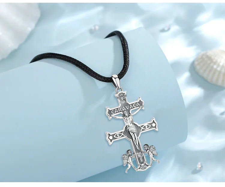 Collier Croix Jésus en argent sterling 925 Caravaca Eudora – Pendentif amulette ange vintage | Bijou religieux, cadeau original pour homme 