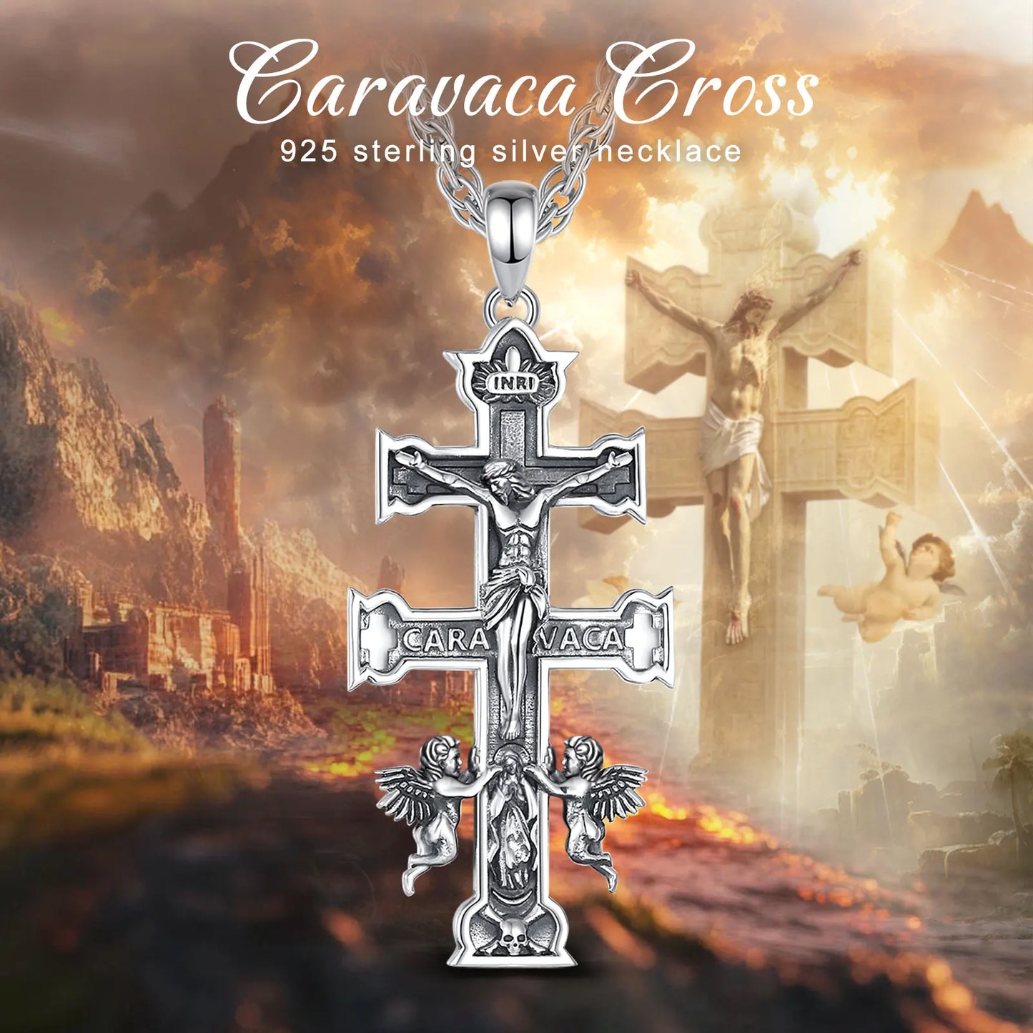Collier Croix Caravaca en argent sterling 925 Eudora – Pendentif Croix orthodoxe Jésus Ange | Bijou chrétien catholique, cadeau pour hommes et femmes