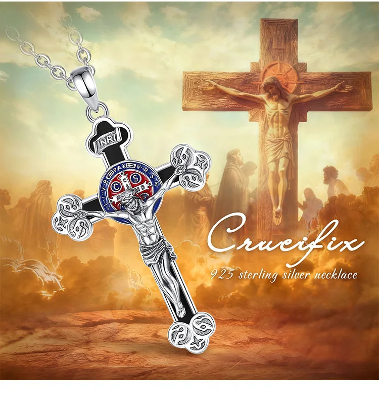 Collier Croix Crucifix Jésus en argent sterling 925 Eudora – Amulette en obsidienne et pendentif Saint Benoît | Bijou religieux