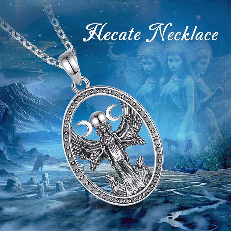 Collier Eudora en argent sterling 925, triple lune et déesse – Pendentif amulette Hécate (chien) | Bijou païen wicca, cadeau pour femmes et hommes 