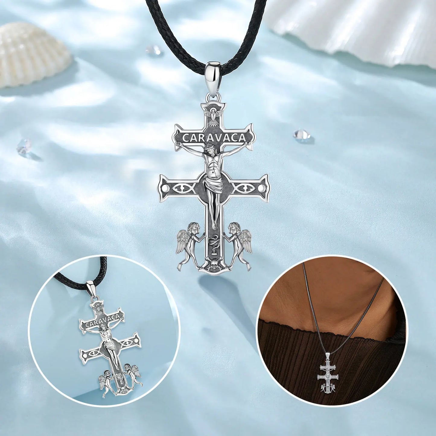 Collier Croix Jésus en argent sterling 925 Caravaca Eudora – Pendentif amulette ange vintage | Bijou religieux, cadeau original pour homme 