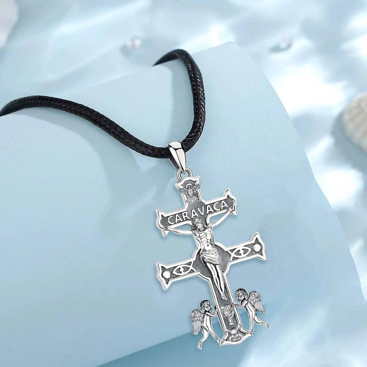 Collier Croix Jésus en argent sterling 925 Caravaca Eudora – Pendentif amulette ange vintage | Bijou religieux, cadeau original pour homme 