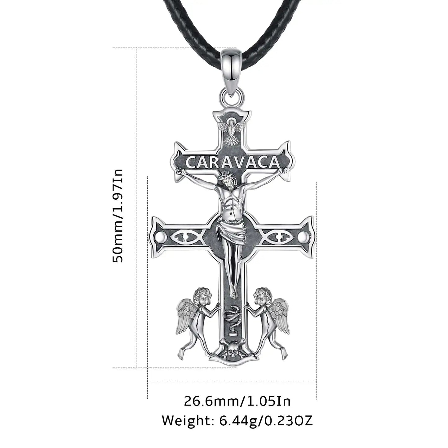 Collier Croix Jésus en argent sterling 925 Caravaca Eudora – Pendentif amulette ange vintage | Bijou religieux, cadeau original pour homme 