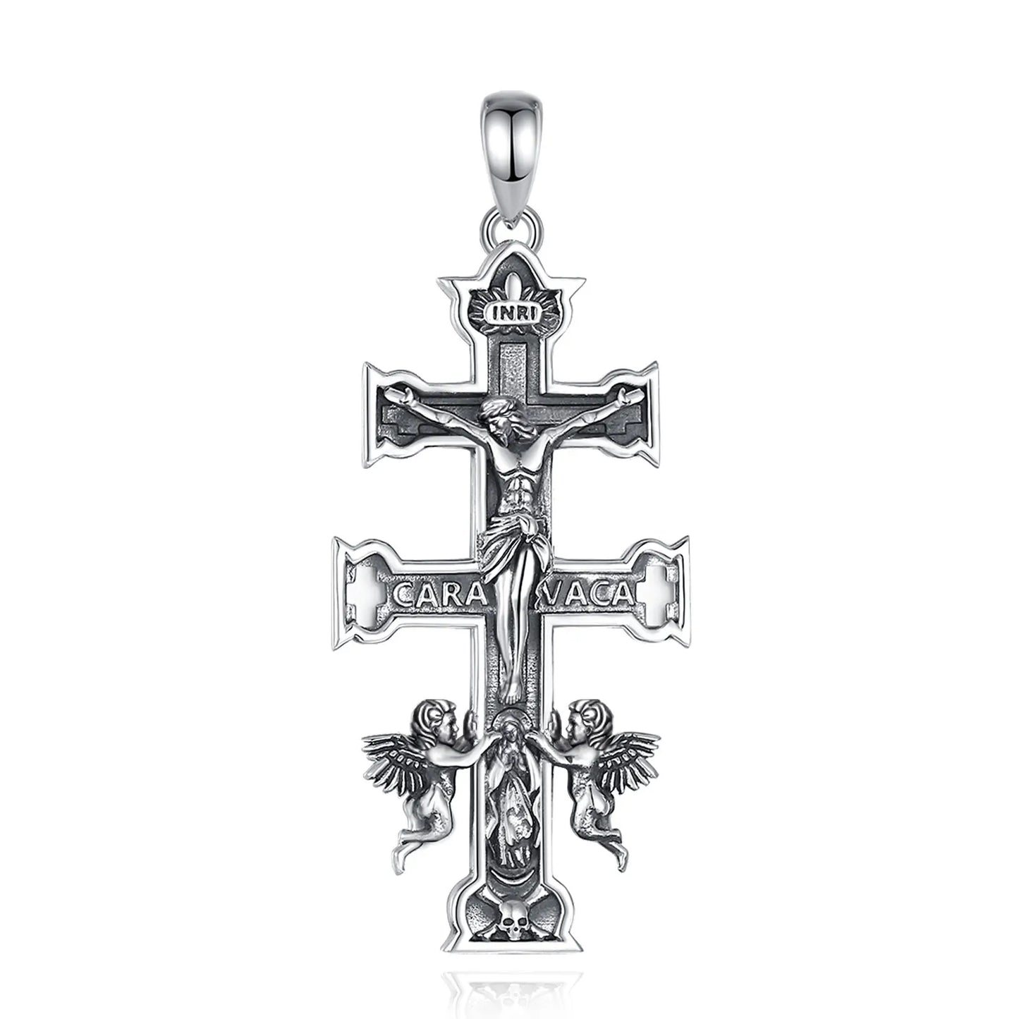 Collier Croix Caravaca en argent sterling 925 Eudora – Pendentif Croix orthodoxe Jésus Ange | Bijou chrétien catholique, cadeau pour hommes et femmes