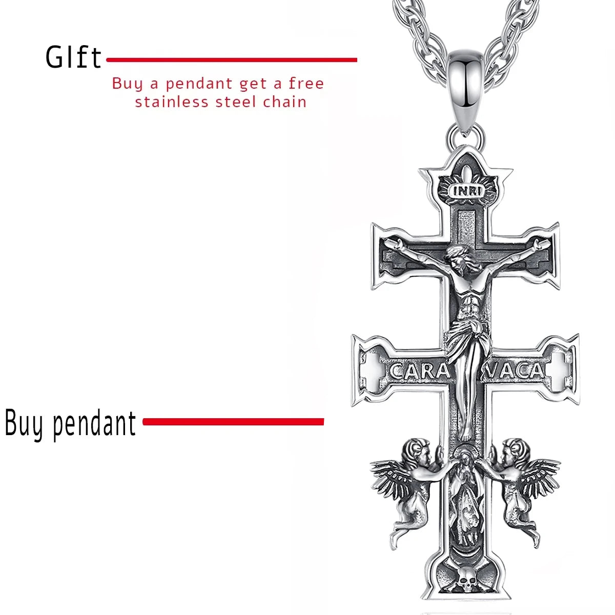 Collier Croix Caravaca en argent sterling 925 Eudora – Pendentif Croix orthodoxe Jésus Ange | Bijou chrétien catholique, cadeau pour hommes et femmes