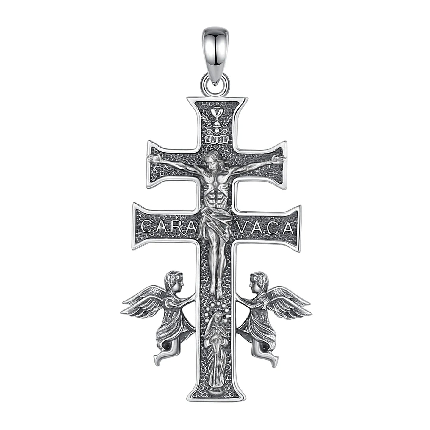Collier Croix Caravaca en Argent Sterling 925 Eudora – Pendentif Amulette Vintage Jésus et Ange | Bijou religieux pour homme
