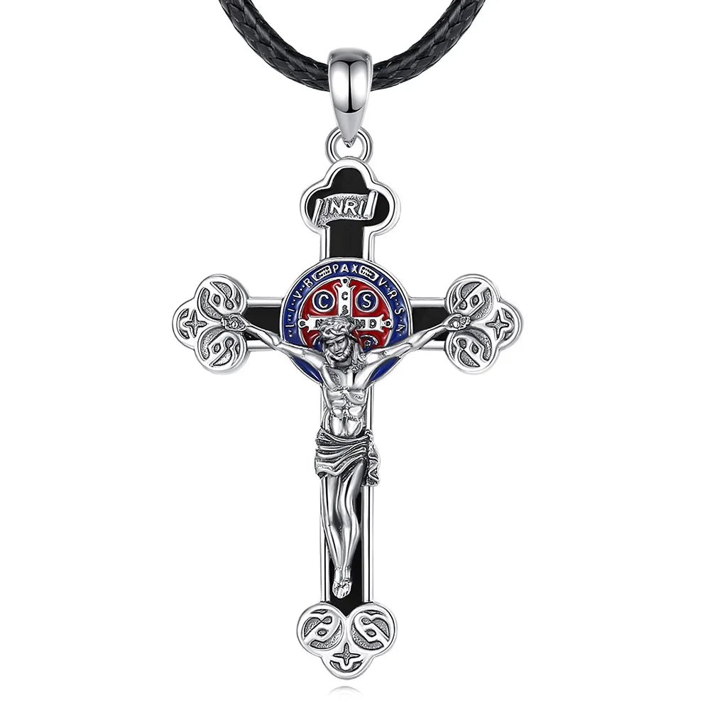 Collier Croix Crucifix Jésus en argent sterling 925 Eudora – Amulette en obsidienne et pendentif Saint Benoît | Bijou religieux