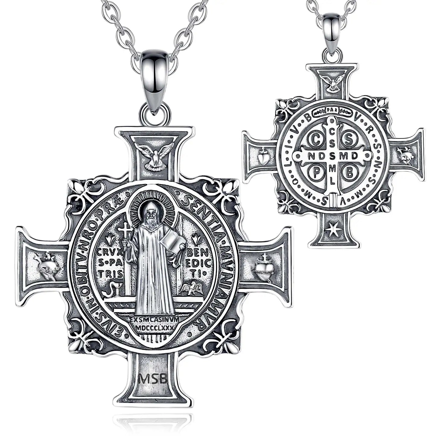 Collier Eudora en argent sterling 925 avec pendentif croix de Saint Benoît | Bijou religieux catholique pour hommes et femmes 