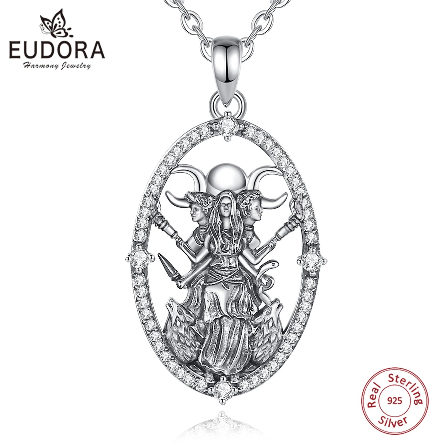 Collier Eudora en argent sterling 925, pendentif Hécate, déesse de la triple lune et amulette chien en zircon cubique | Bijou spirituel païen wiccan, cadeau pour femmes et hommes 