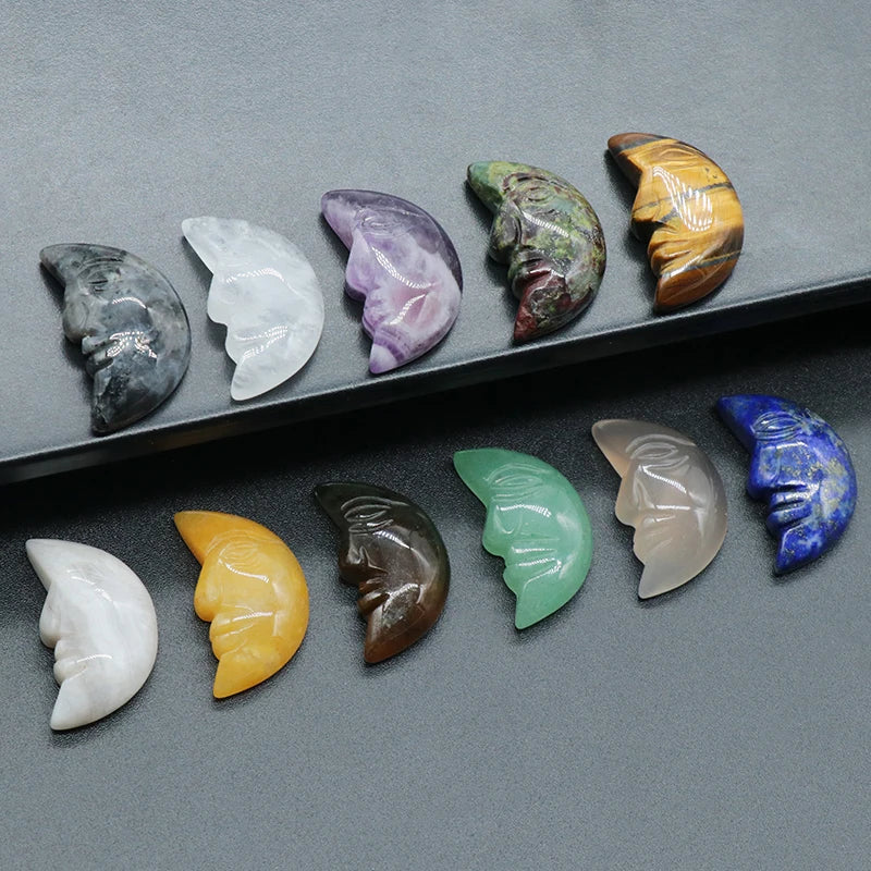 1x Hand-Carved Crystal Moon – 25×15×7 mm Mini Ornament (Multi-Stone Collection)