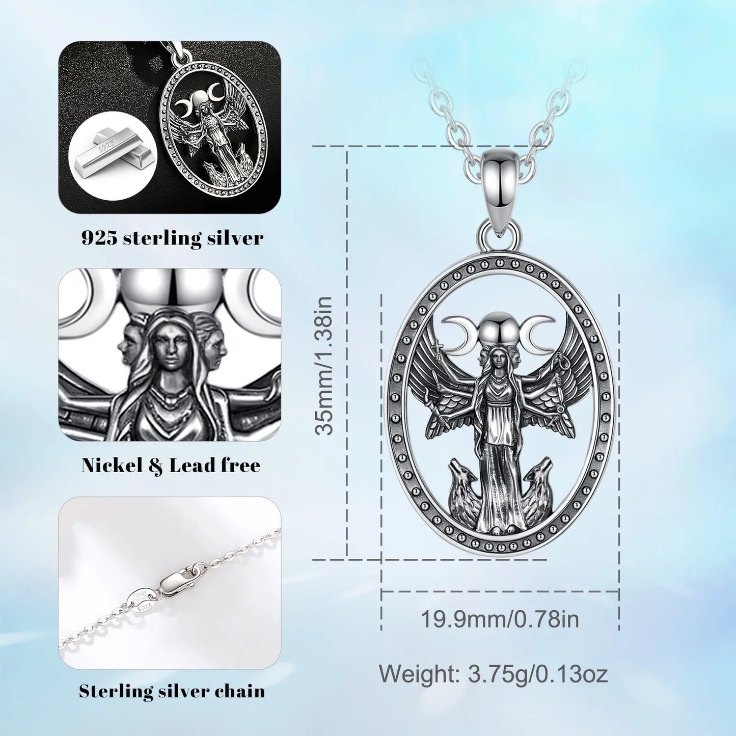 Collier Eudora en argent sterling 925, triple lune et déesse – Pendentif amulette Hécate (chien) | Bijou païen wicca, cadeau pour femmes et hommes 