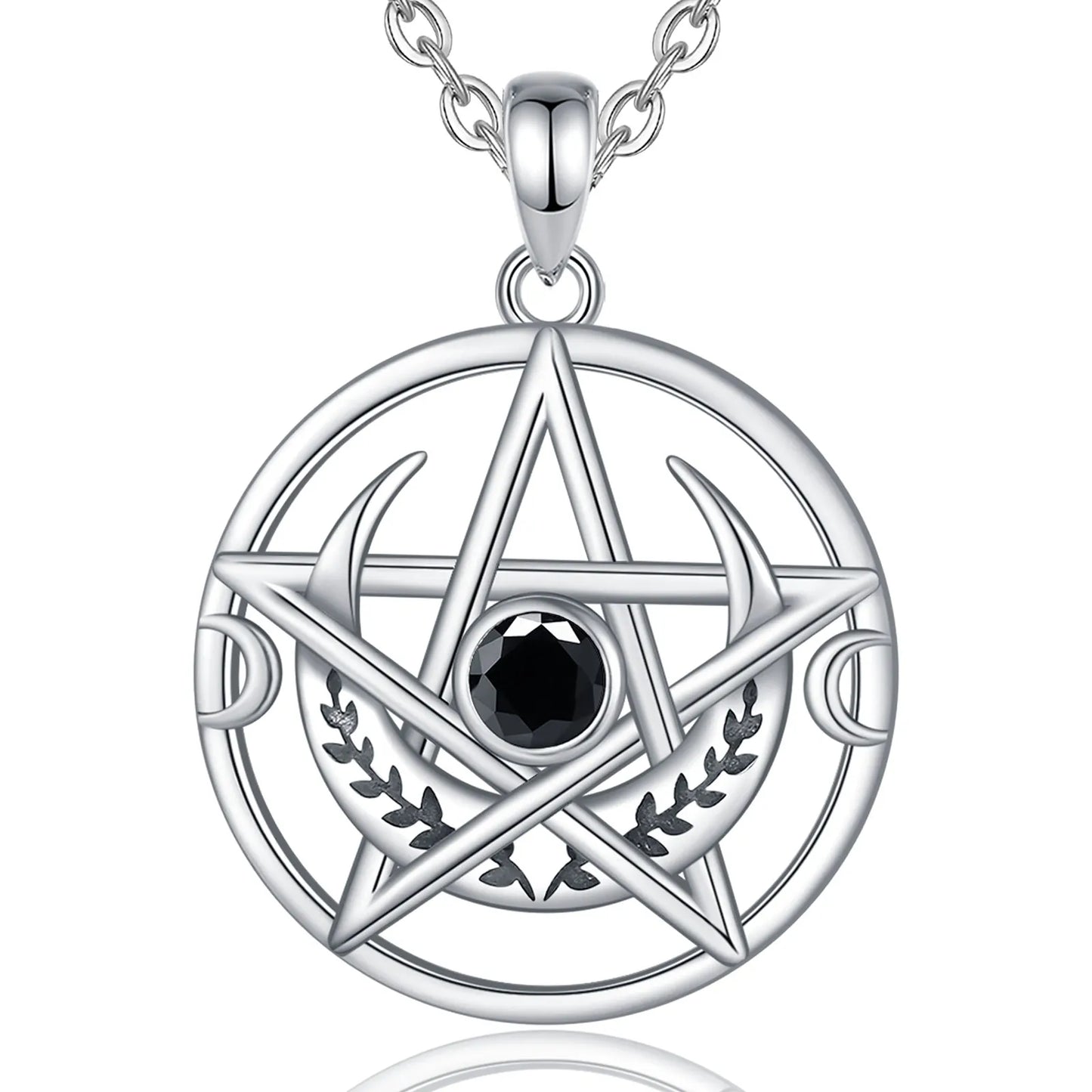 Collier Eudora en argent sterling 925 avec pentagramme et pendentif amulette triple lune en zircon noir | Bijou païen wicca, cadeau pour femmes et hommes