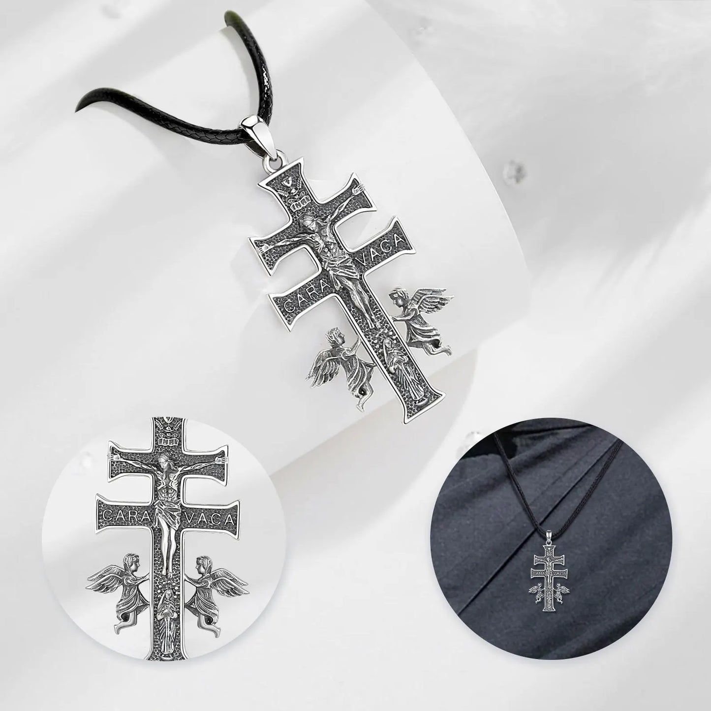 Collier Croix Caravaca en Argent Sterling 925 Eudora – Pendentif Amulette Vintage Jésus et Ange | Bijou religieux pour homme