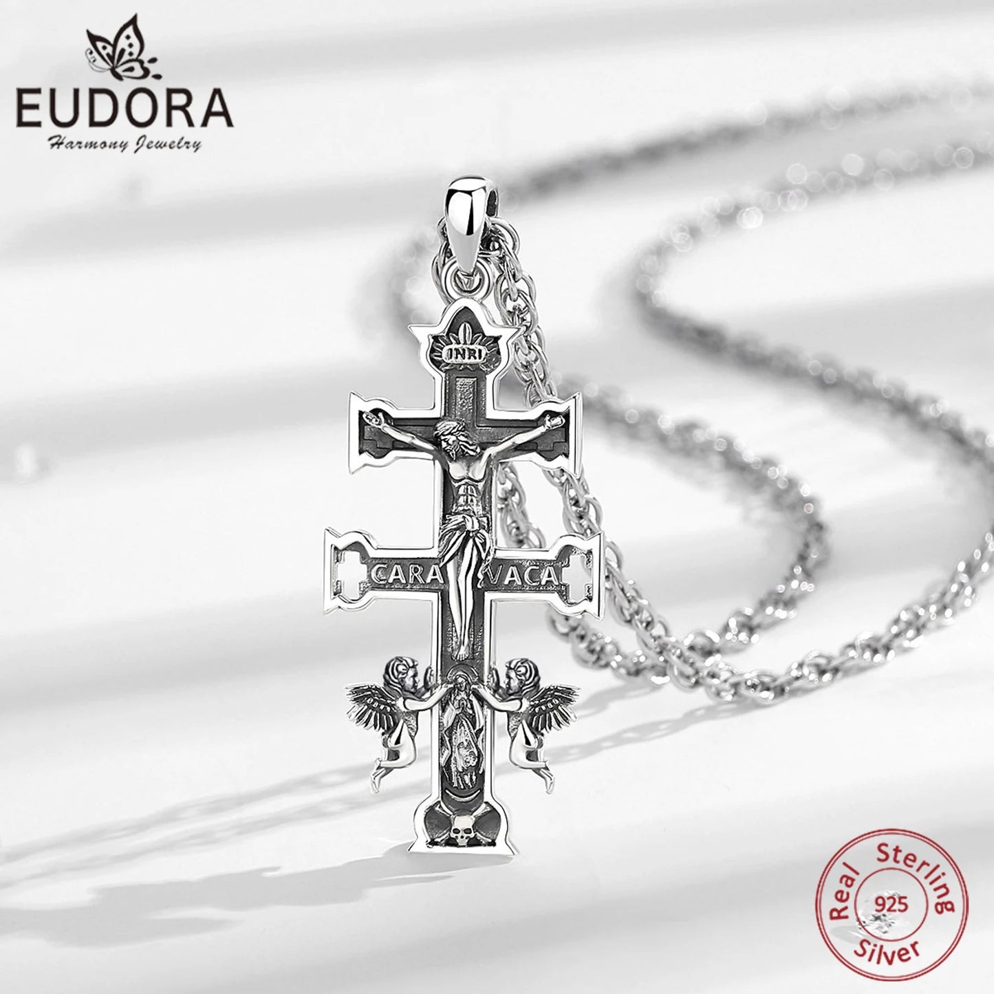 Collier Croix Caravaca en argent sterling 925 Eudora – Pendentif Croix orthodoxe Jésus Ange | Bijou chrétien catholique, cadeau pour hommes et femmes
