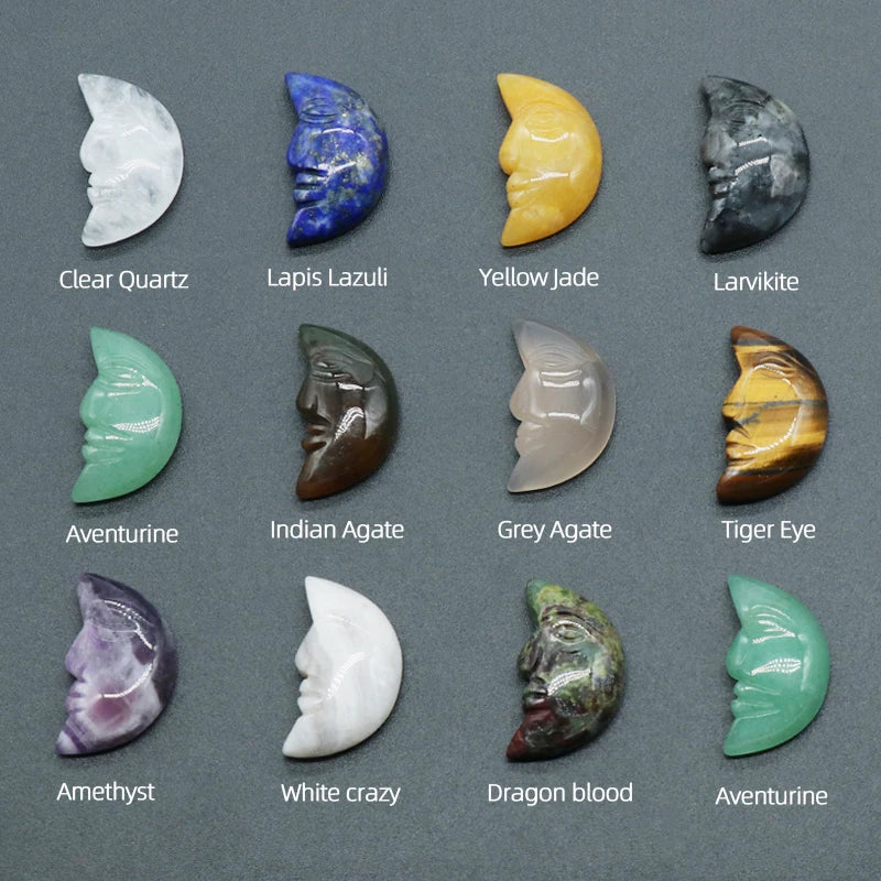 1x Hand-Carved Crystal Moon – 25×15×7 mm Mini Ornament (Multi-Stone Collection)