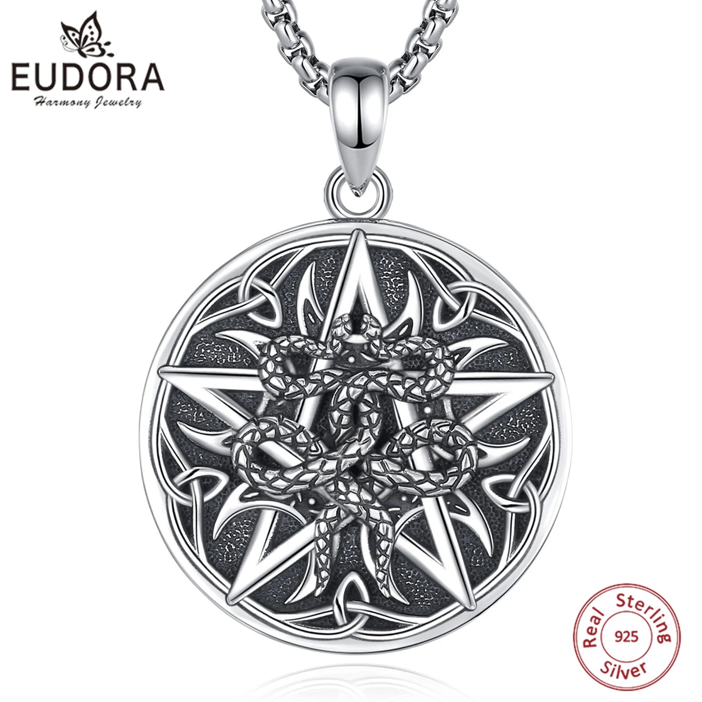 Collier Eudora en argent sterling 925 avec pentagramme et serpent – ​​Pendentif croissant de lune et nœud celtique | Bijou spirituel wiccan païen pour homme