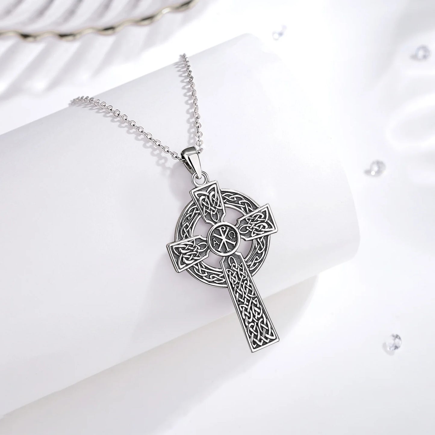Collier croix nœud celtique en argent sterling 925 Eudora – Pendentif Chi Rho vintage | Bijou religieux chrétien, cadeau pour femmes et hommes 