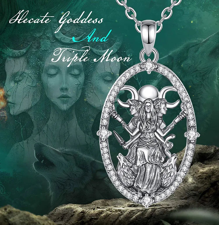 Collier Eudora en argent sterling 925, pendentif Hécate, déesse de la triple lune et amulette chien en zircon cubique | Bijou spirituel païen wiccan, cadeau pour femmes et hommes 