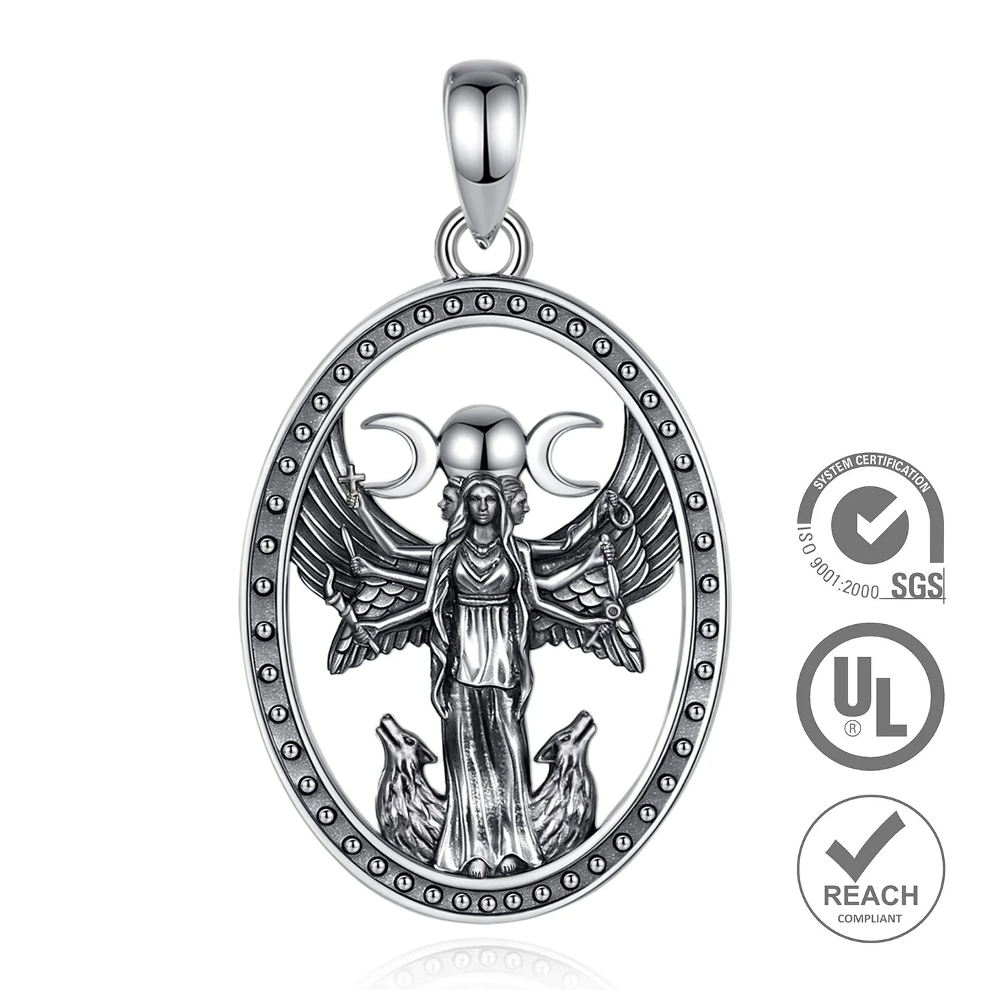 Collier Eudora en argent sterling 925, triple lune et déesse – Pendentif amulette Hécate (chien) | Bijou païen wicca, cadeau pour femmes et hommes 