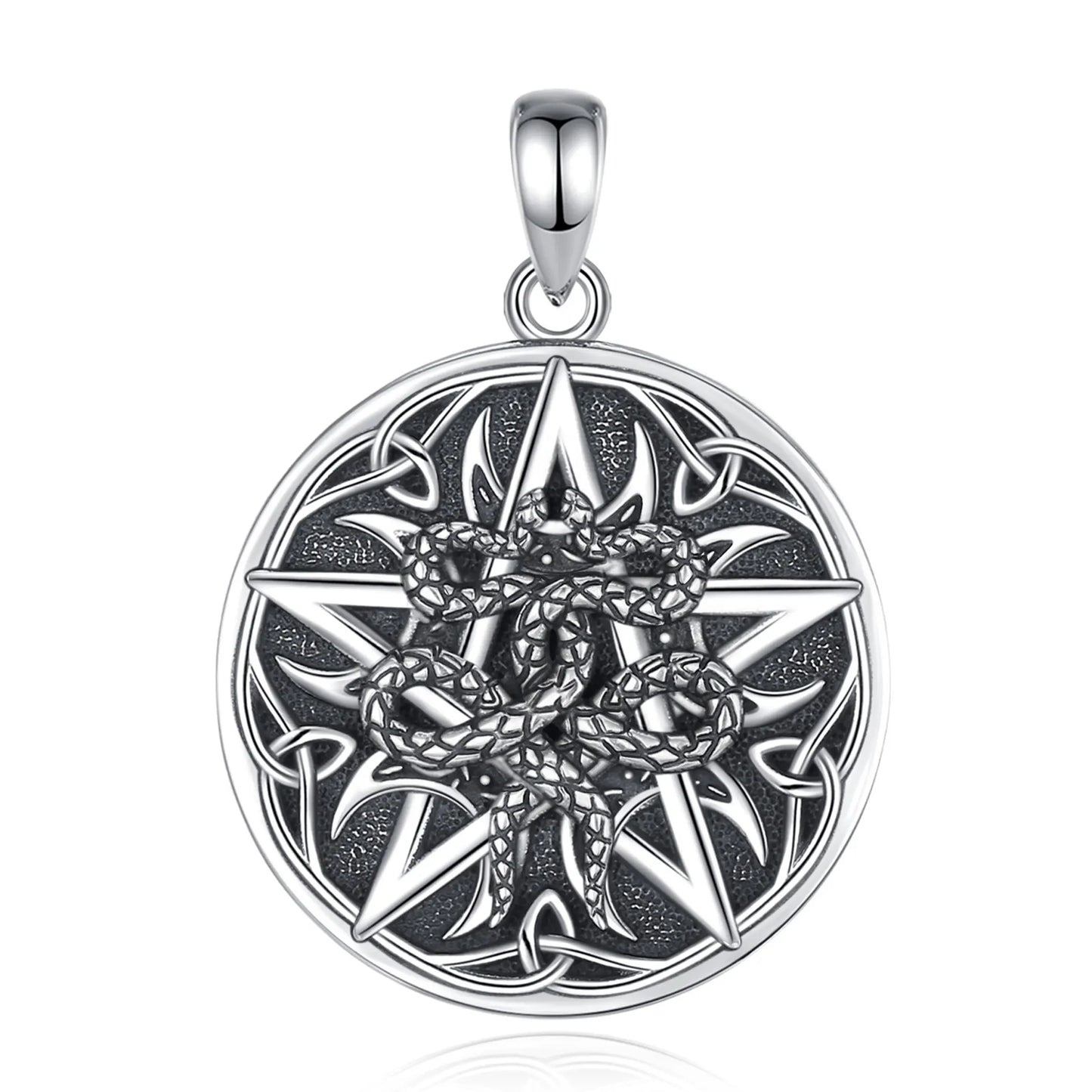 Collier Eudora en argent sterling 925 avec pentagramme et serpent – ​​Pendentif croissant de lune et nœud celtique | Bijou spirituel wiccan païen pour homme
