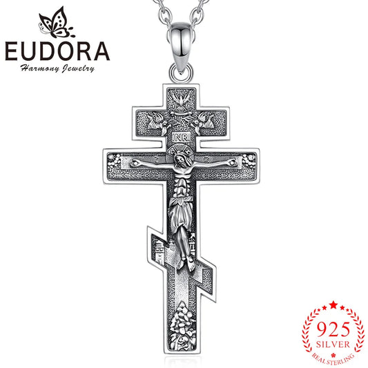 Eudora New 925 Sterling Silver Jesus Orthodox Cross Necklace – Cross Amulet Pendant | Christian Religious Jewelry Gift for Men