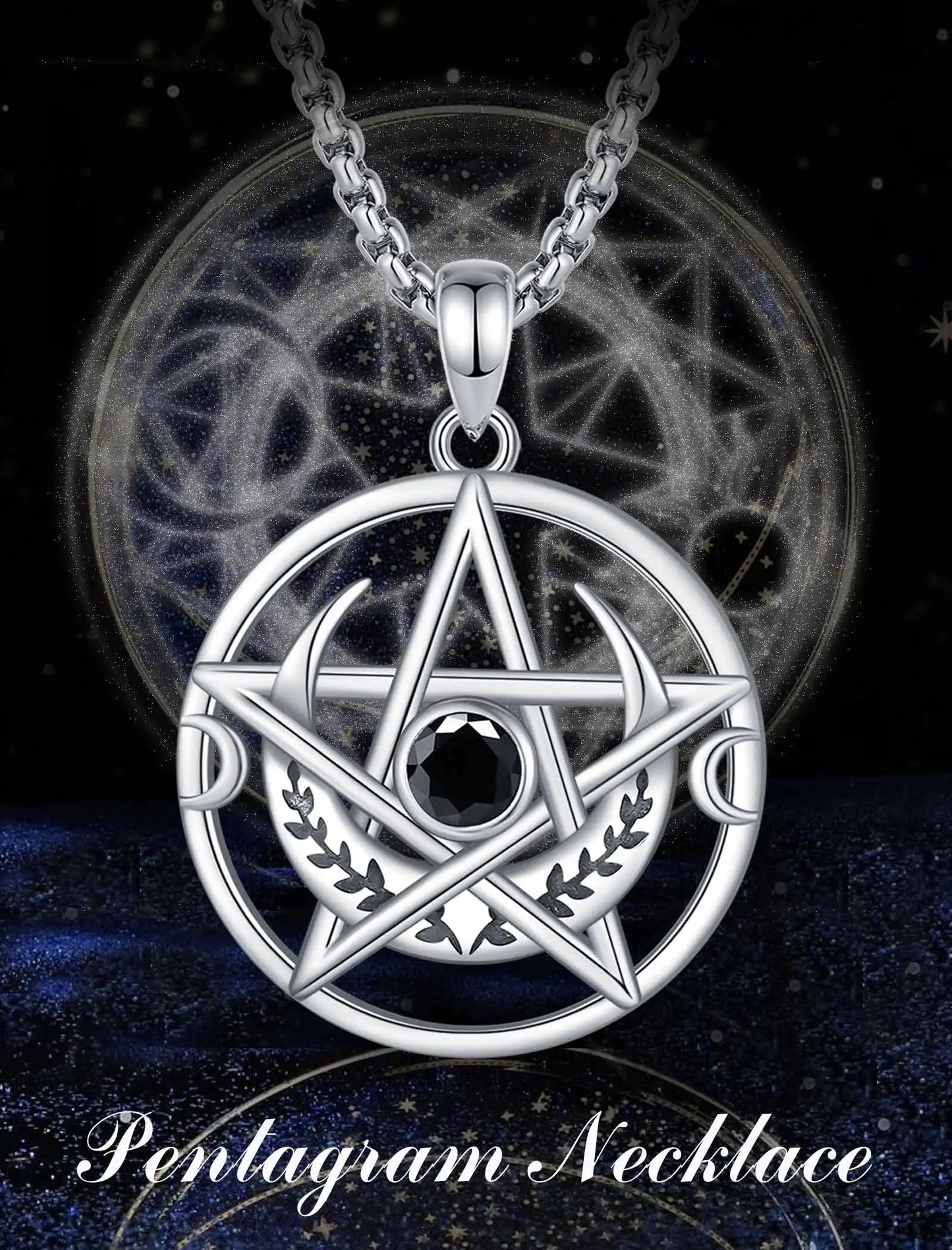 Collier Eudora en argent sterling 925 avec pentagramme et pendentif amulette triple lune en zircon noir | Bijou païen wicca, cadeau pour femmes et hommes