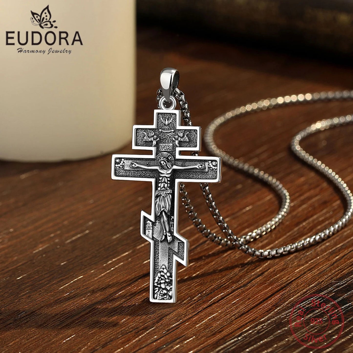 Collier Croix Orthodoxe Eudora en Argent Sterling 925 – Pendentif Crucifix de Jésus | Bijou religieux chrétien pour hommes et femmes 