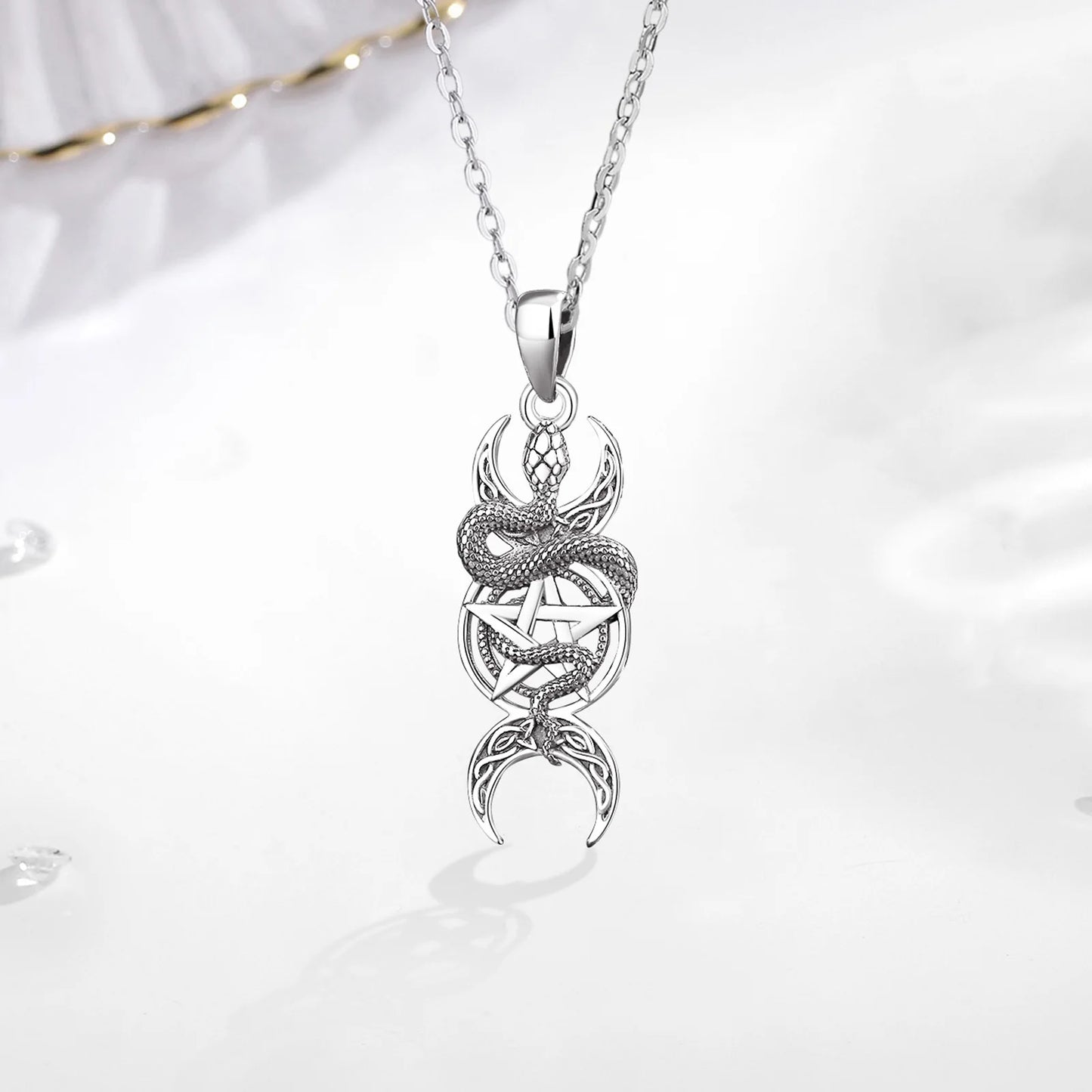 Collier Eudora en argent sterling 925 avec pendentif pentagramme serpent et triple lune, amulette, bijou wicca païen, cadeau pour femme ou homme. 