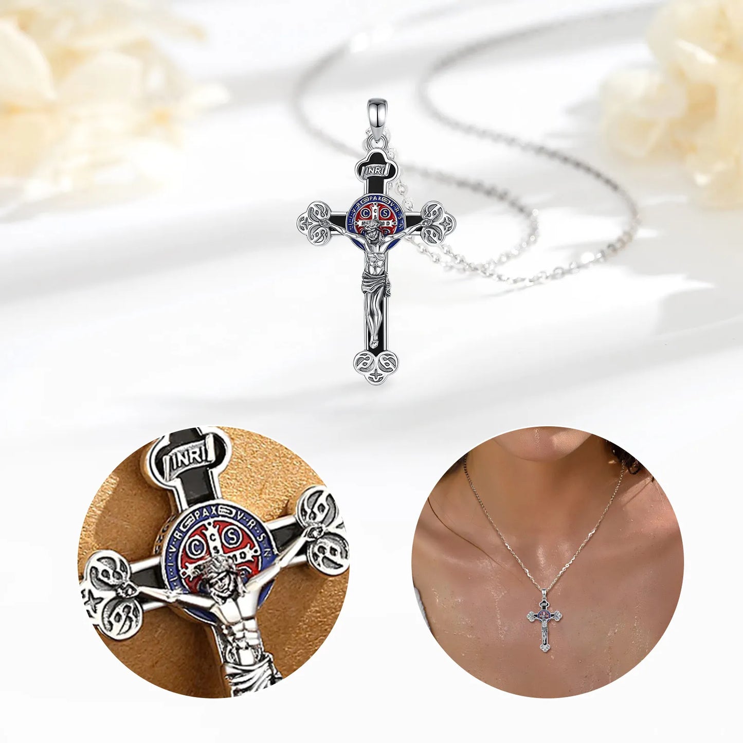 Collier Croix Crucifix Jésus en argent sterling 925 Eudora – Amulette en obsidienne et pendentif Saint Benoît | Bijou religieux
