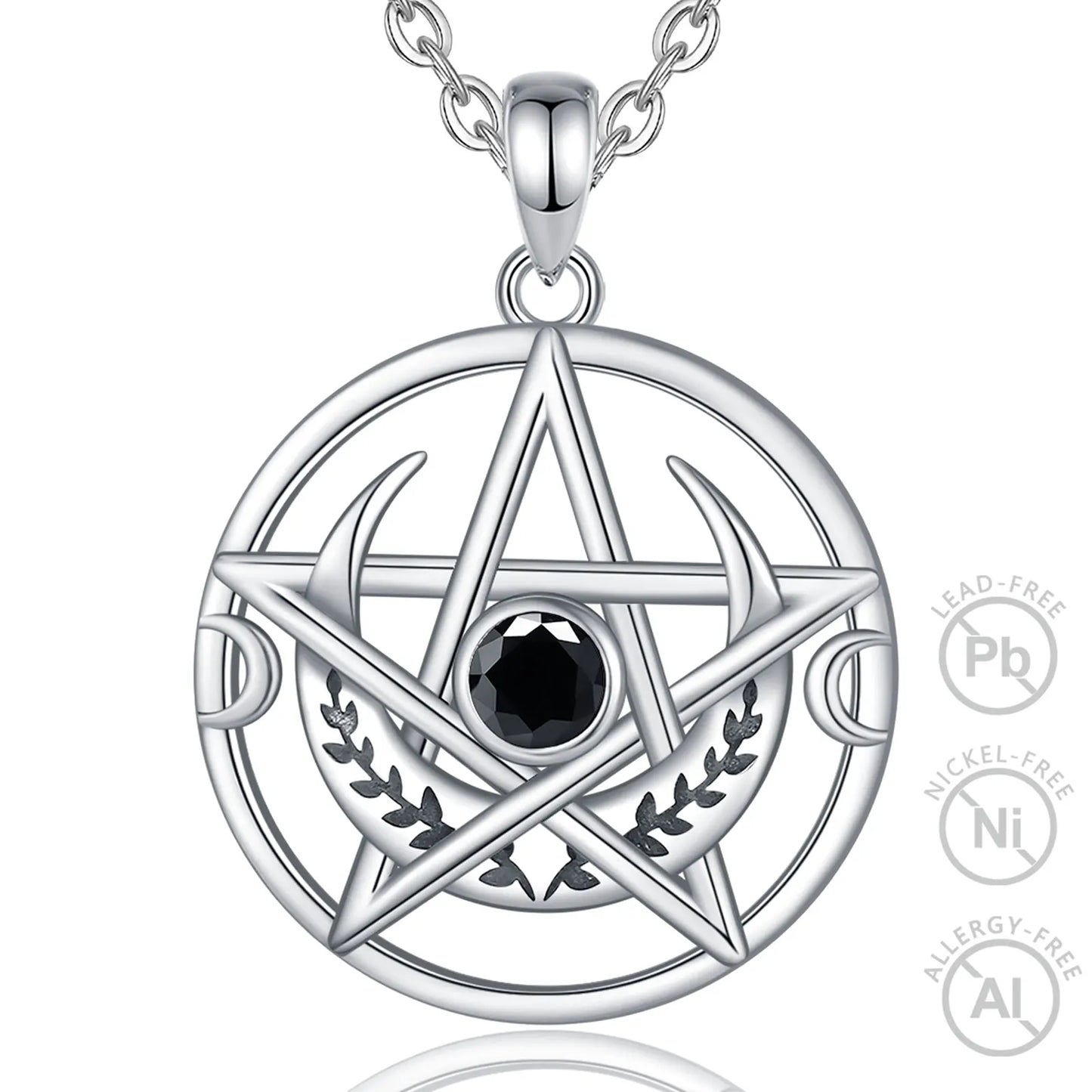 Collier Eudora en argent sterling 925 avec pentagramme et pendentif amulette triple lune en zircon noir | Bijou païen wicca, cadeau pour femmes et hommes