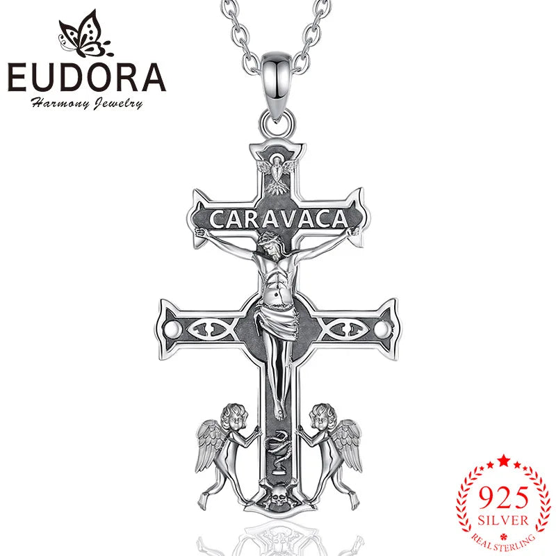 Collier Croix Jésus en argent sterling 925 Caravaca Eudora – Pendentif amulette ange vintage | Bijou religieux, cadeau original pour homme 