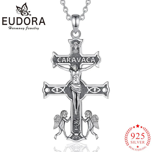 Collar Eudora de plata de ley 925 con cruz de Caravaca y Jesús – Colgante de ángel vintage | Joyería religiosa, regalo personal para hombre