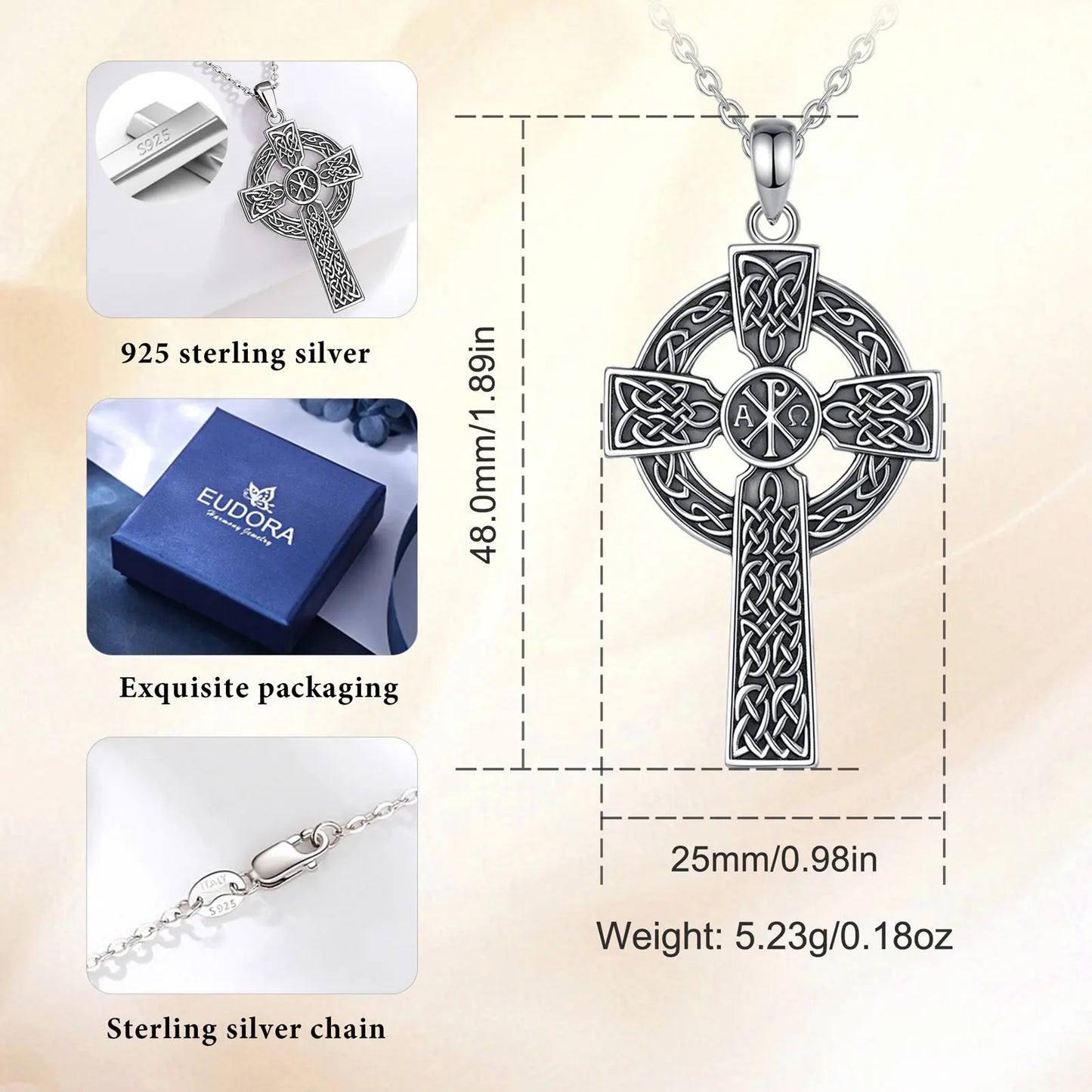Collier croix nœud celtique en argent sterling 925 Eudora – Pendentif Chi Rho vintage | Bijou religieux chrétien, cadeau pour femmes et hommes 