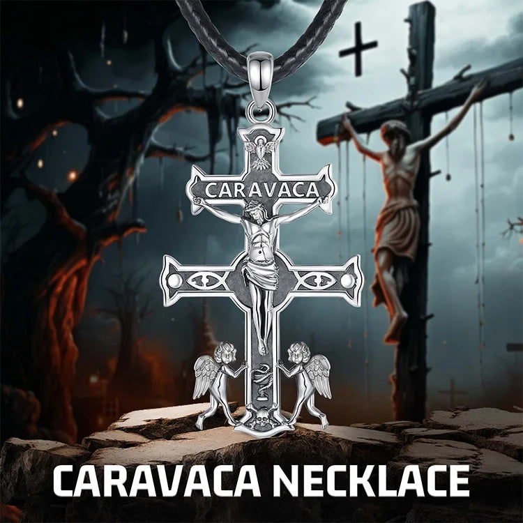 Collier Croix Jésus en argent sterling 925 Caravaca Eudora – Pendentif amulette ange vintage | Bijou religieux, cadeau original pour homme 