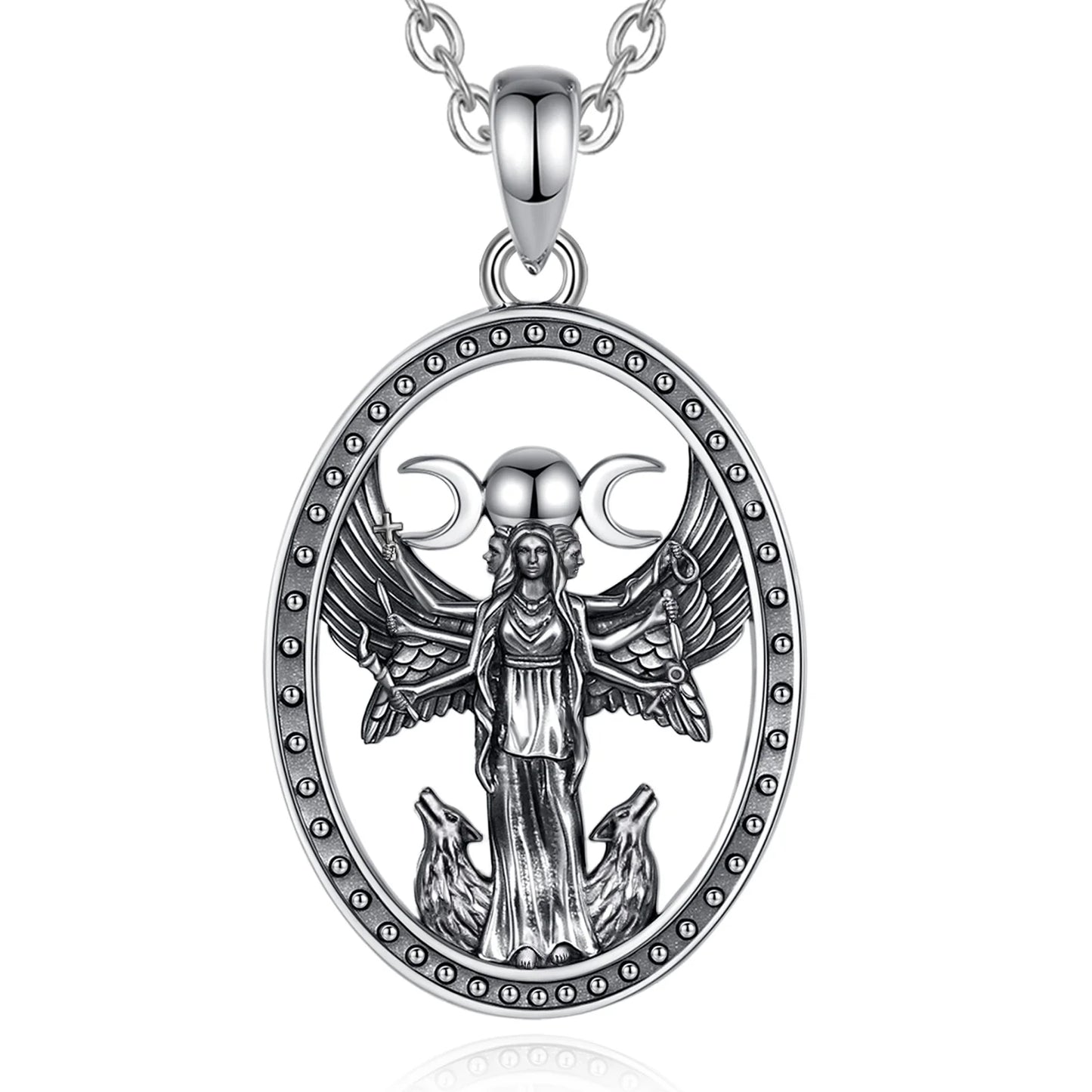 Collier Eudora en argent sterling 925, triple lune et déesse – Pendentif amulette Hécate (chien) | Bijou païen wicca, cadeau pour femmes et hommes 