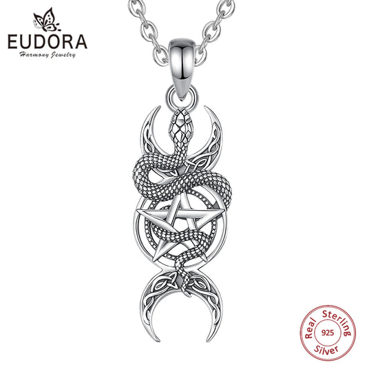 Collar Eudora de plata de ley 925 con pentagrama de serpiente y diosa de la triple luna, amuleto colgante, joyería pagana Wicca, regalo para mujeres y hombres. 