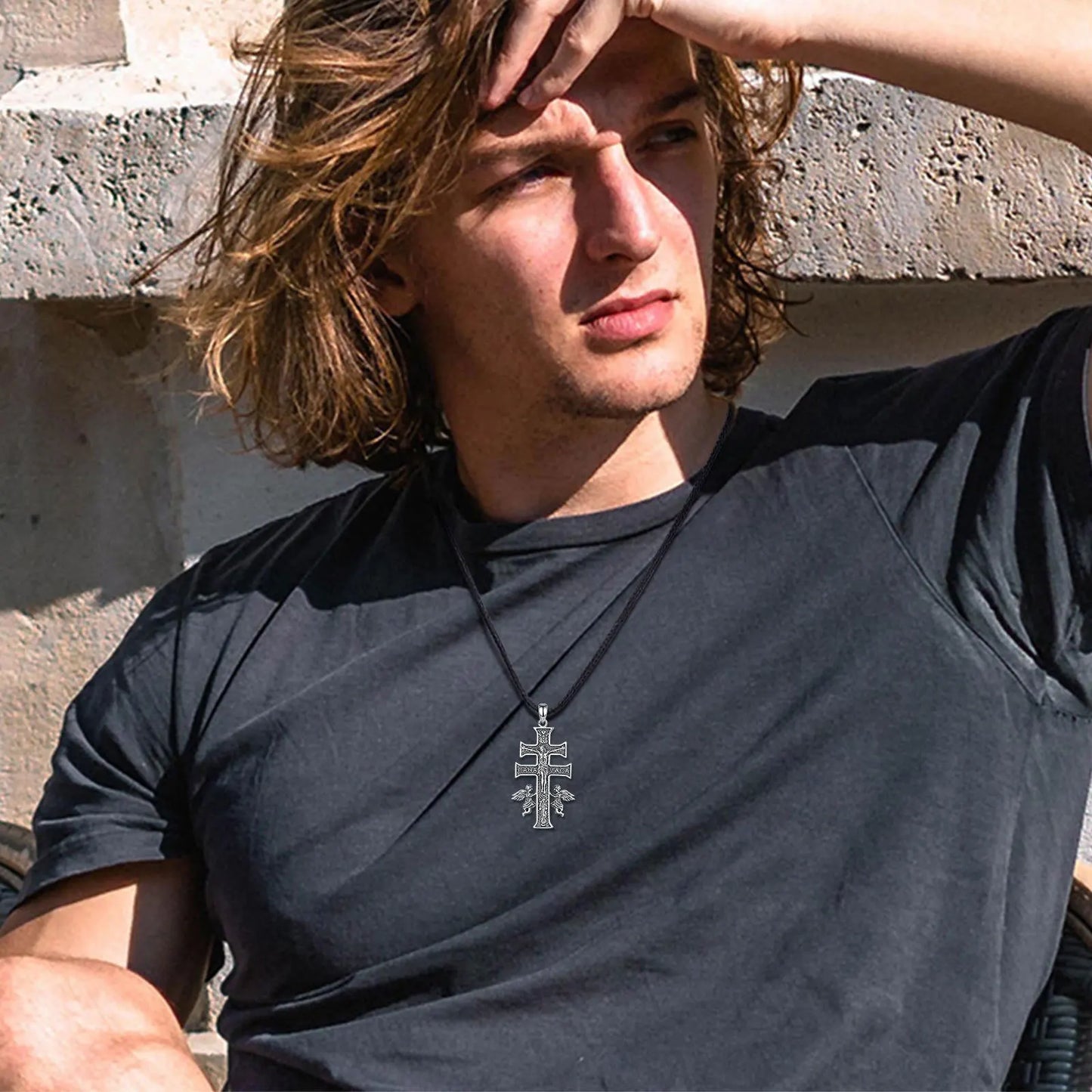 Collier Croix Caravaca en Argent Sterling 925 Eudora – Pendentif Amulette Vintage Jésus et Ange | Bijou religieux pour homme