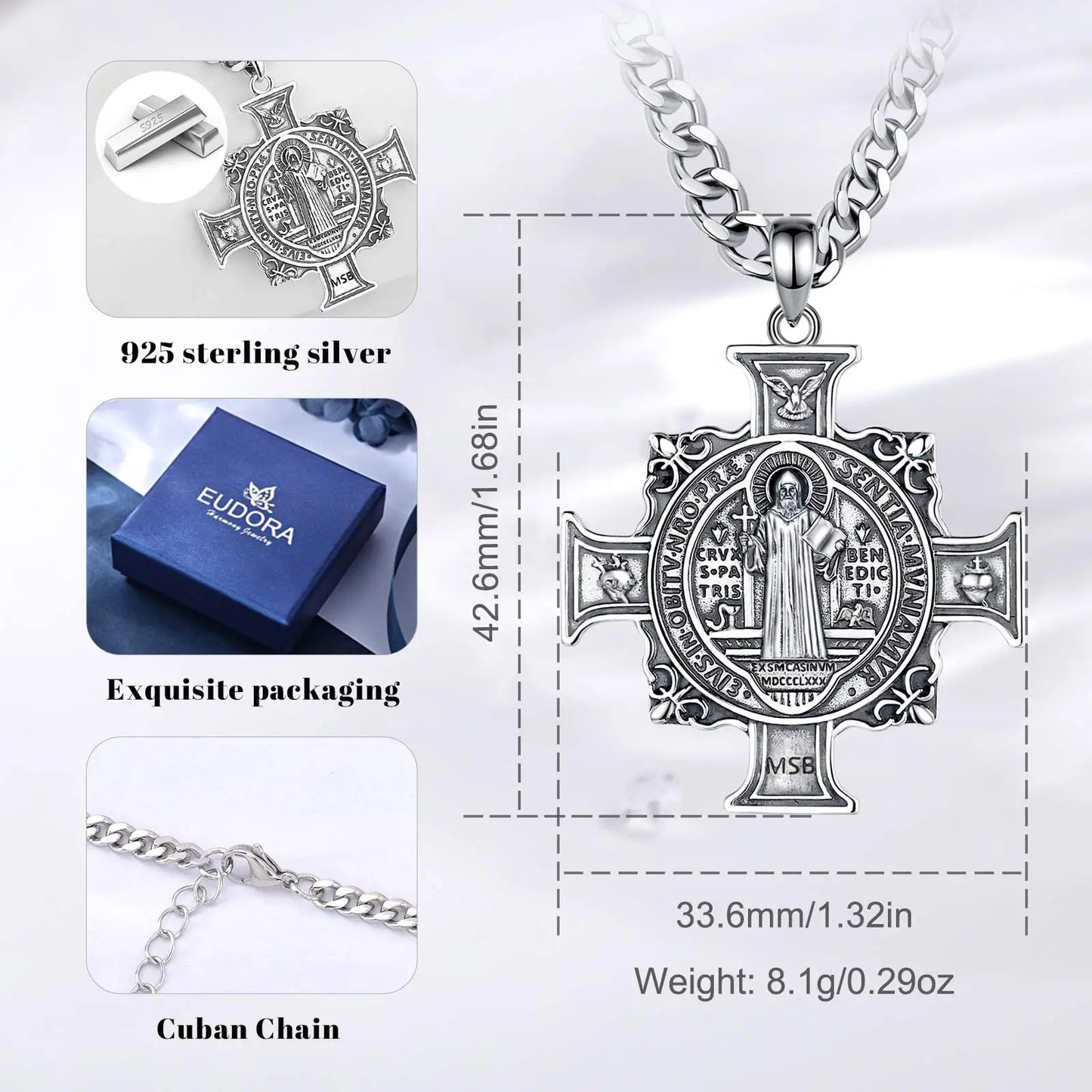 Collier Eudora en argent sterling 925 avec pendentif croix de Saint Benoît | Bijou religieux catholique pour hommes et femmes 