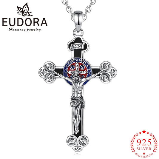 Collar Eudora de plata de ley 925 con crucifijo y cruz de Jesús, amuleto de obsidiana y colgante de San Benito | Regalo de joyería religiosa