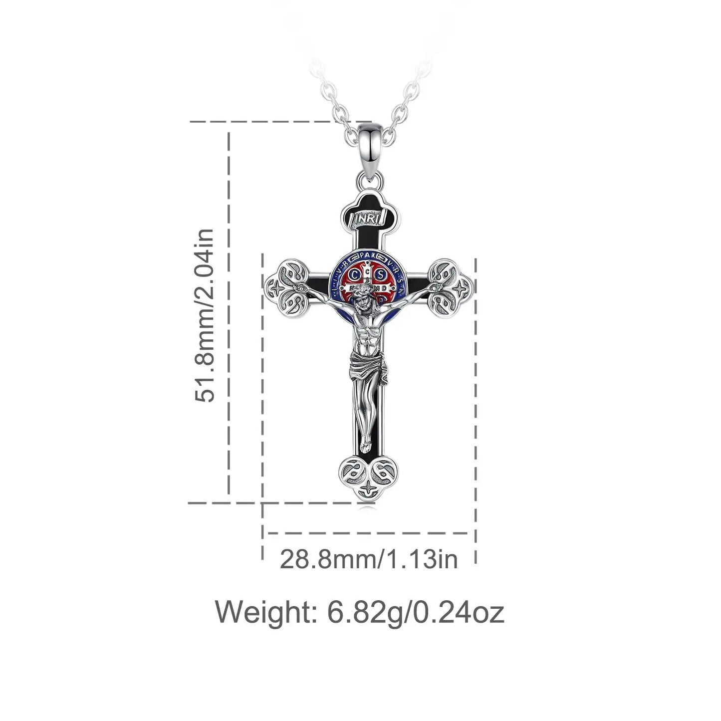 Collier Croix Crucifix Jésus en argent sterling 925 Eudora – Amulette en obsidienne et pendentif Saint Benoît | Bijou religieux