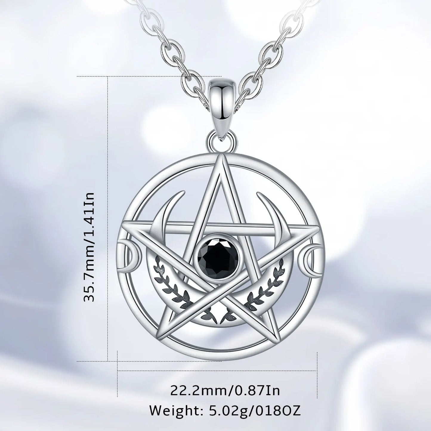 Collier Eudora en argent sterling 925 avec pentagramme et pendentif amulette triple lune en zircon noir | Bijou païen wicca, cadeau pour femmes et hommes