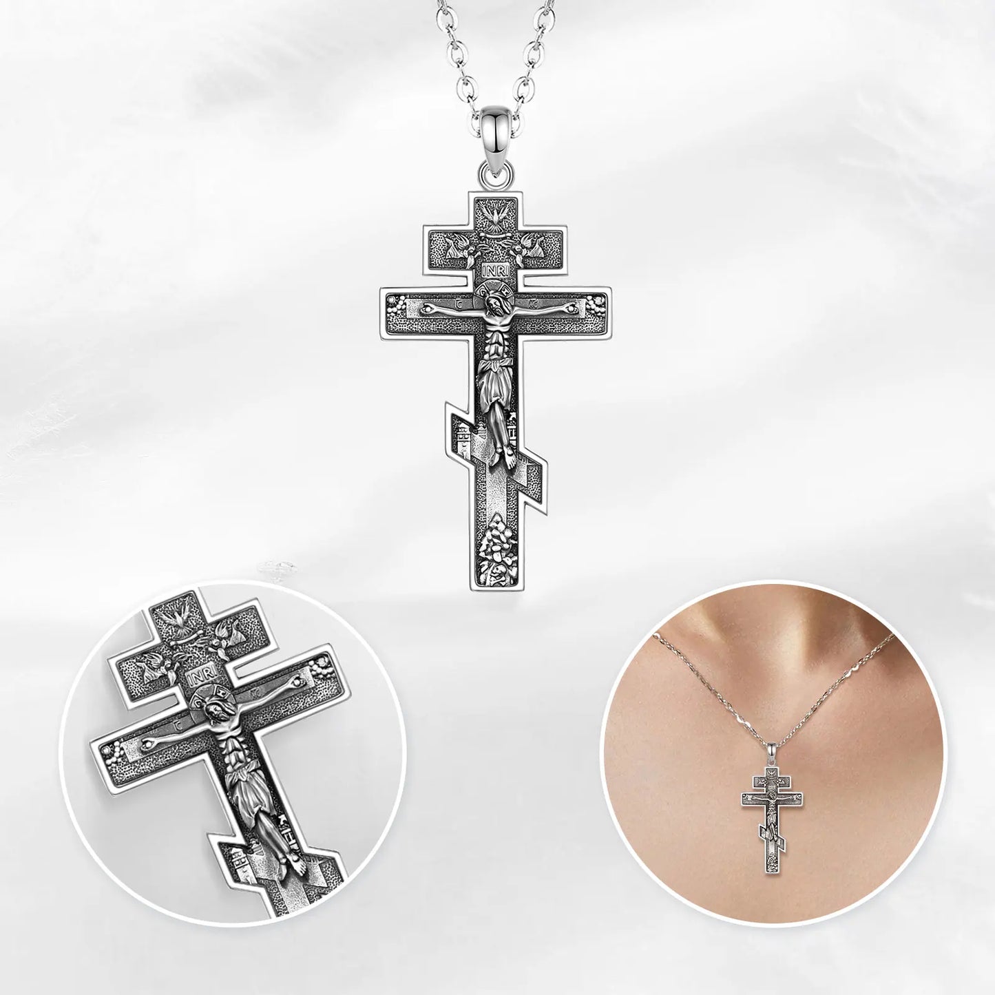Eudora New 925 Sterling Silver Jesus Orthodox Cross Necklace – Cross Amulet Pendant | Christian Religious Jewelry Gift for Men
