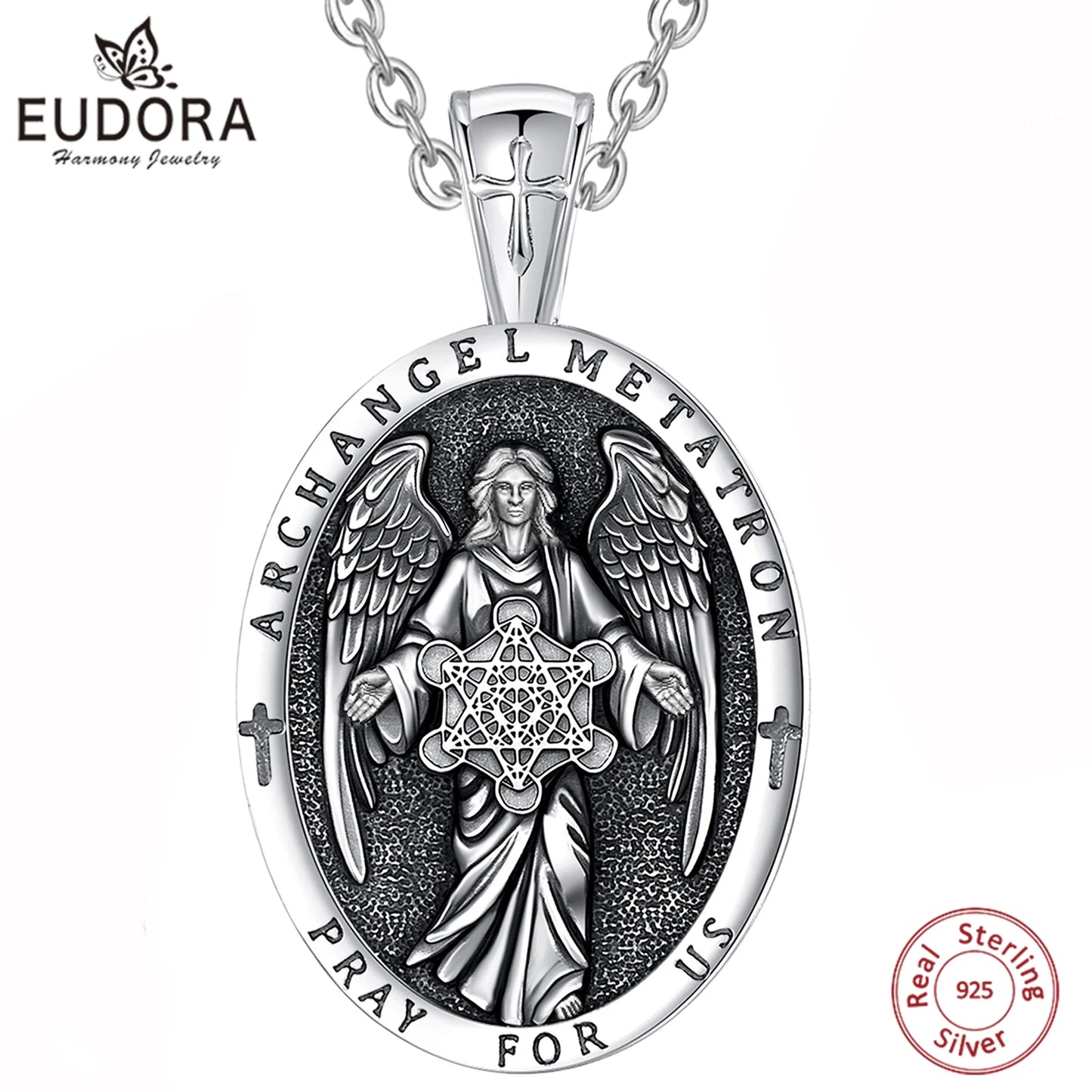 Eudora Sterling Silver Archangel Metatron’s Cube Necklace – Angel Seal Sacred Geometry Amulet Pendant | Religious Jewelry Gift for Men