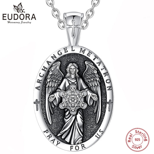 Eudora Sterling Silver Archangel Metatron’s Cube Necklace – Angel Seal Sacred Geometry Amulet Pendant | Religious Jewelry Gift for Men