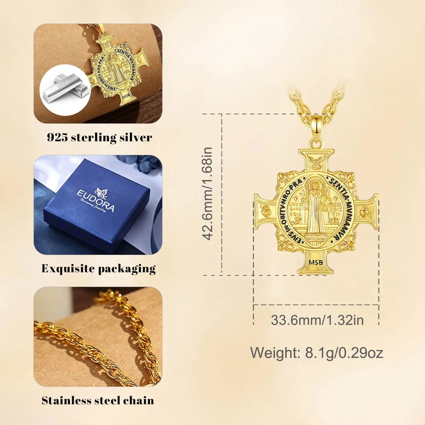 Collier Eudora en argent sterling 925 avec pendentif croix et médaille de Saint Benoît – Plaqué or 18 carats | Bijou de protection chrétien pour homme 