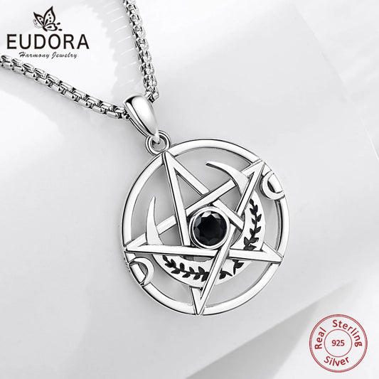 Collar Eudora de pentagrama en plata de ley 925 con colgante de amuleto de triple luna y circonita negra | Joyería pagana Wicca, regalo para mujeres y hombres