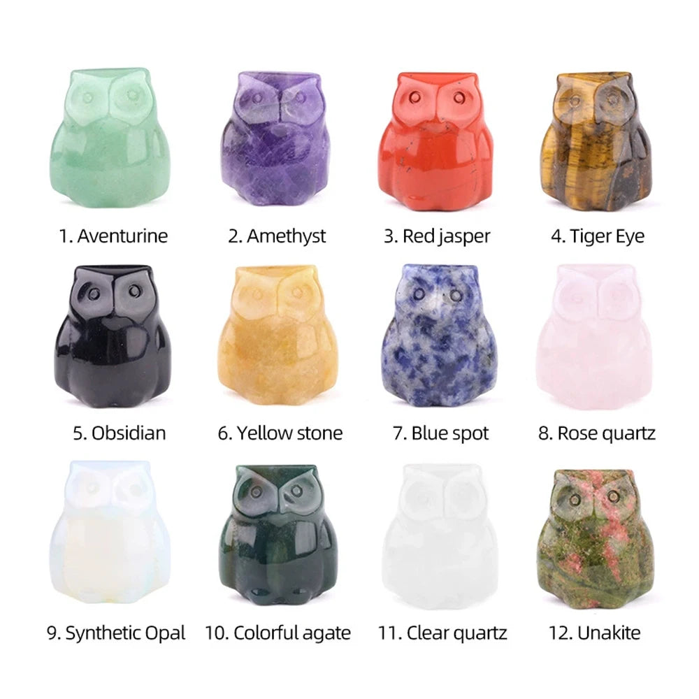 1x Hand-Carved Crystal Owl – 18×27 mm Mini Ornament (Multi-Stone Collection)