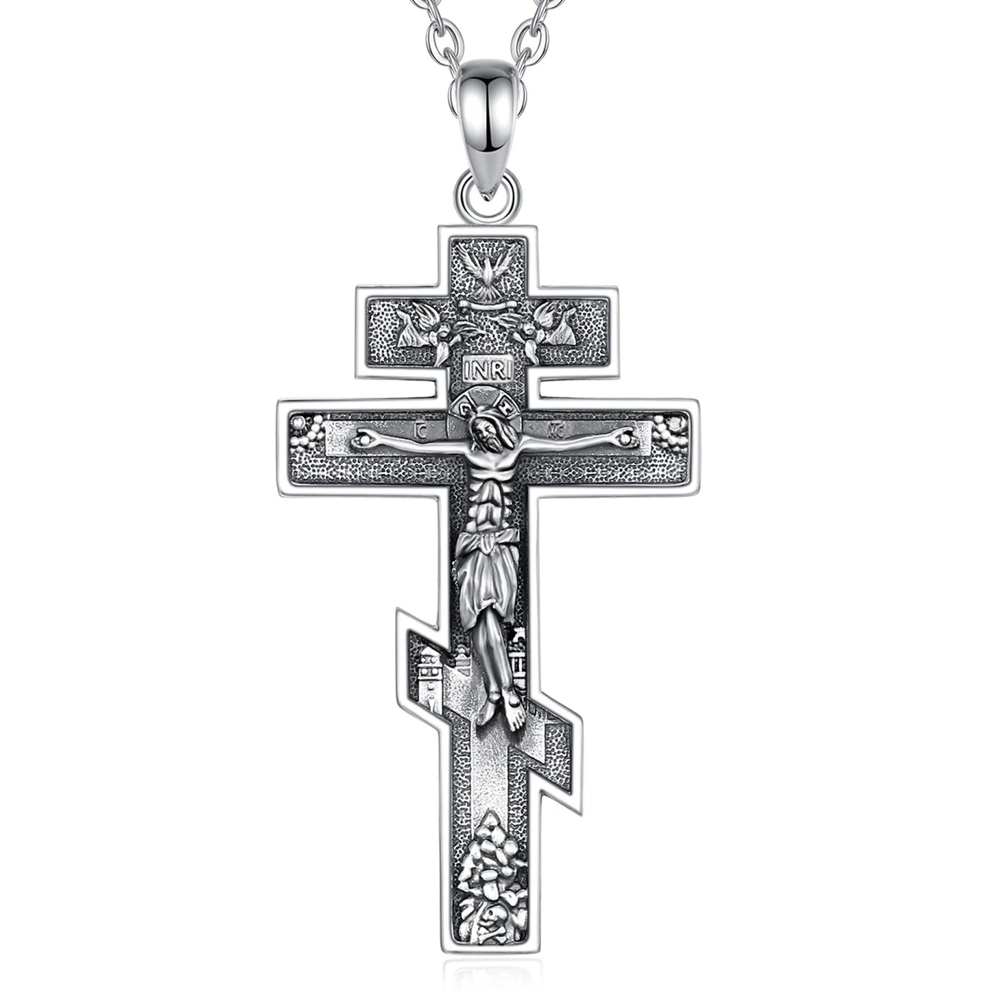 Eudora New 925 Sterling Silver Jesus Orthodox Cross Necklace – Cross Amulet Pendant | Christian Religious Jewelry Gift for Men
