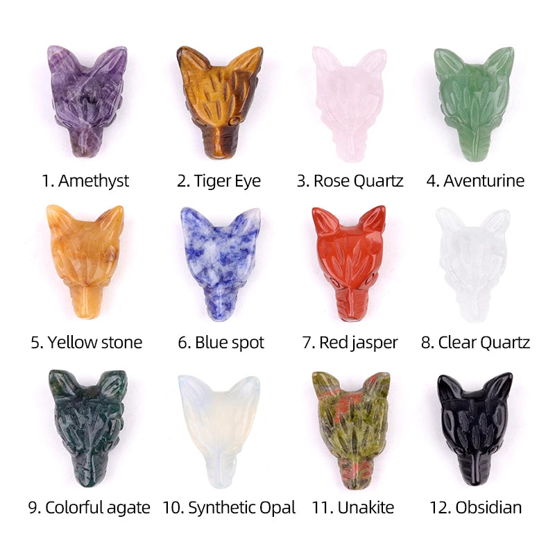 1x 27x25 mm Carved Wolf Head Crystal – Multi-Stone Collection